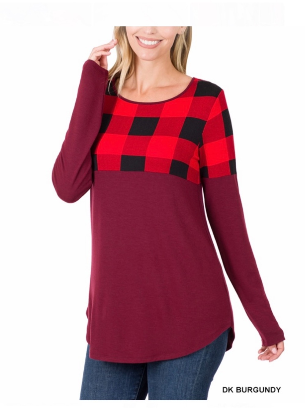 Zenana Plaid Yoke Long Sleeve Women’s Top - Red/Black